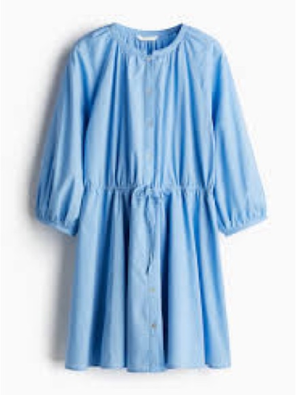 H&M Blue Cotton Fit Flare Balloon Sleeve Dress Tie Waist M NEW
